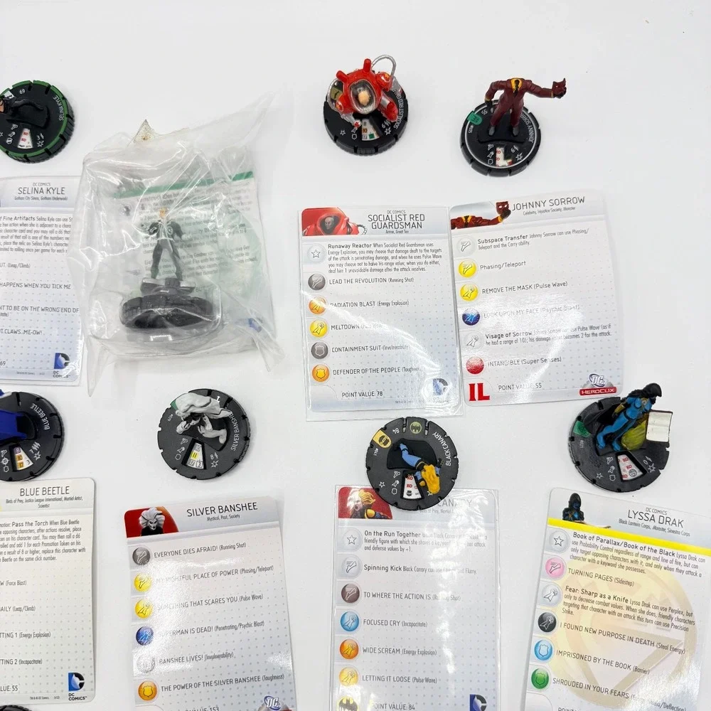 Heroclix DC Comics Uncommon, Super Rare, Unique Mixed Lot of 15 with Cards Lot F